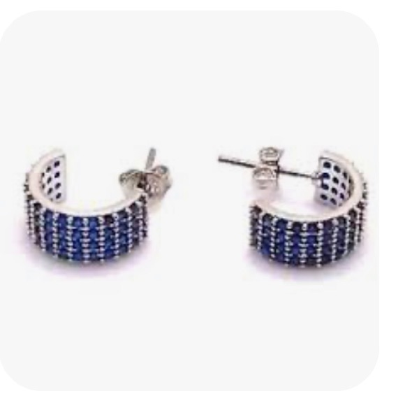 Macy’s Silver Half Hoop Blue Gemstone Earrings - Picture 7 of 8